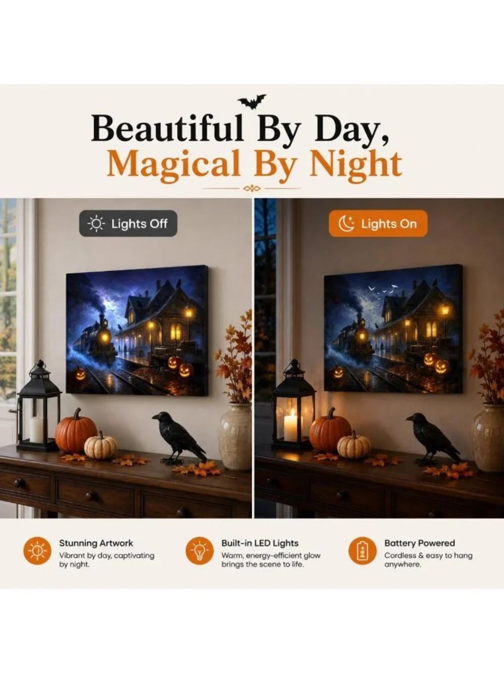 Haunted Train Station LED Canvas Wall Art - Spooky Halloween Decor, 24x18 in